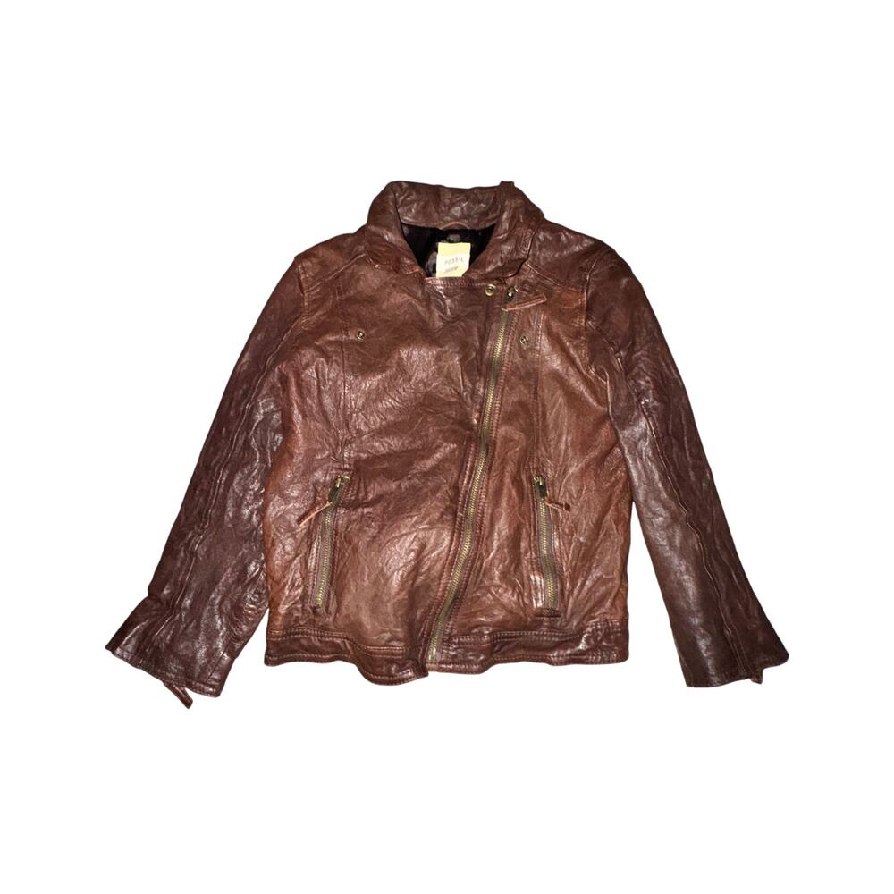Fossil Moto Jacket Women's Size S Brown Leather Zip Pockets Lined Zip Sleeve